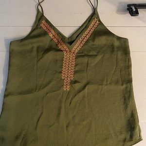 Express olive green Bermuda tank top, with cute rust color stitching.